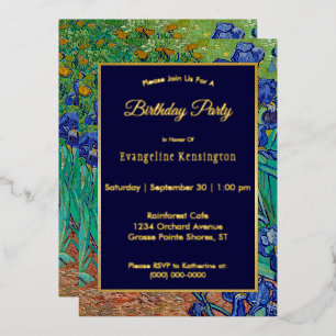 Invitación Con Relieve Metalizado Van Gogh Irises Pintura Floral Cumpleaños Gold