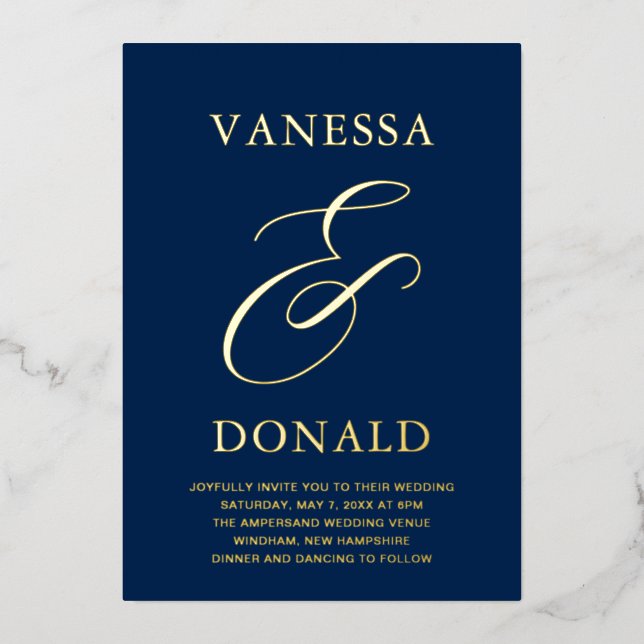 Invitación Con Relieve Metalizado Vanessa Navy Blue Modern Boda (Anverso)
