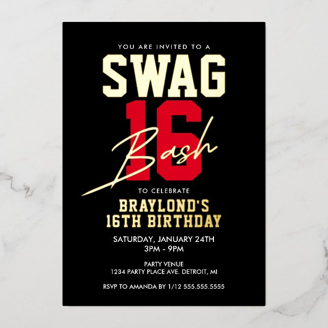 Invitación Con Relieve Metalizado Varsity Style Swag 16 cumpleaños (Anverso)
