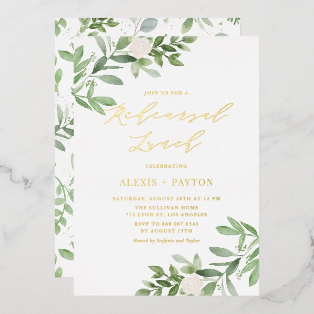 Invitación Con Relieve Metalizado Vegetación acuática Flores blancas Ensayo Almuerzo (Anverso/Reverso)