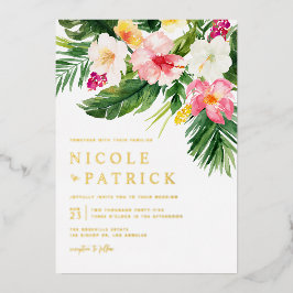 Invitación Con Relieve Metalizado Vegetación acuática y Boda tropical de flores