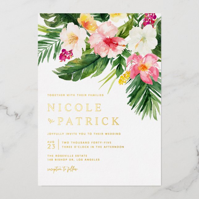 Invitación Con Relieve Metalizado Vegetación acuática y Boda tropical de flores (Anverso)
