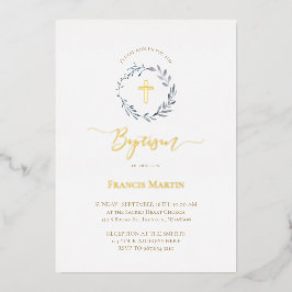 Invitación Con Relieve Metalizado vegetación polvorienta azul de la corona Baptismo