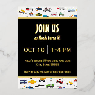 Invitación Con Relieve Metalizado Vehículo de Autos Little Boy Cumpleaños de Niño Do