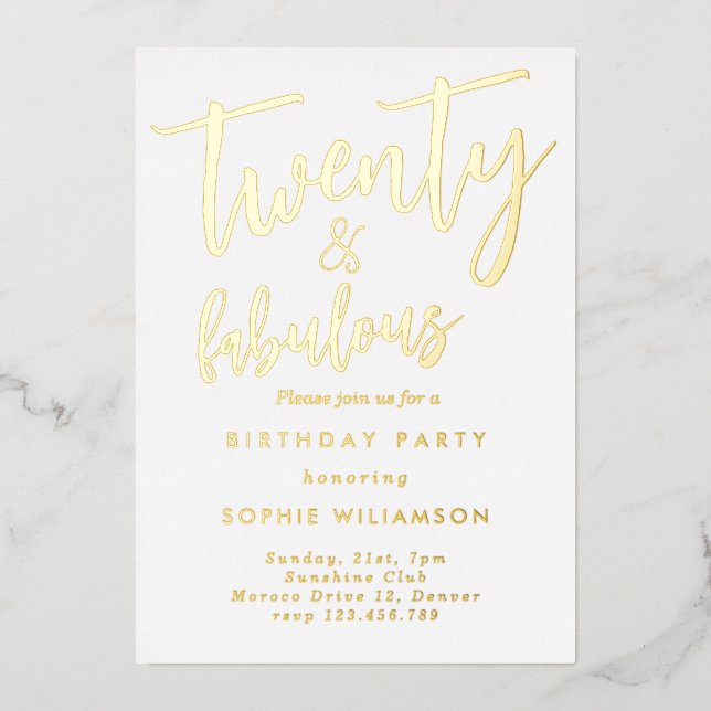 Invitación Con Relieve Metalizado Veinte y fabuloso cumpleaños frustrado por el oro (Anverso)