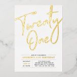 Invitación Con Relieve Metalizado Veintiún Fiesta de oro moderno 21 cumpleaños<br><div class="desc">Celebre su día especial con esta elegante invitación al Relieve metalizado de 21 años de fiesta. Este diseño presenta un Relieve metalizado de moda dorado "Twenty One" con un diseño limpio. Puedes elegir el color real del sello de Relieve metalizado (oro, plata, oro Rosa). Hay más diseños y suministros de...</div>