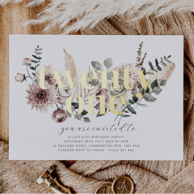 Invitación Con Relieve Metalizado Veintiún florals - cumpleaños 21 - oro (Subido por el creador)