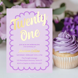 Invitación Con Relieve Metalizado Veintiún Tipografía Púrpura Fiesta del Cumpleaños