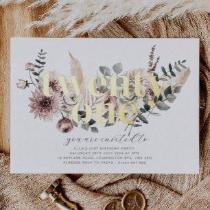 Invitación Con Relieve Metalizado Veintiuna Florales - 21 Cumpleaños - Dorado
