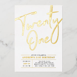 Invitación Con Relieve Metalizado Veintiuno Moderno Cumpleaños 21 Dorado Fiesta