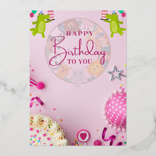 Invitación Con Relieve Metalizado Velas felices de cumpleaños coloridas de animales 