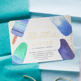 Invitación Con Relieve Metalizado ¡Ven y relájate Fiesta de cumpleaños de Popsicle
