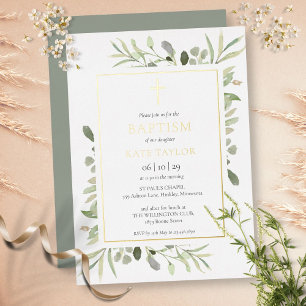 Invitación Con Relieve Metalizado Verde acuarela Bautizo Cristiandad Oro