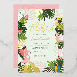 Invitación Con Relieve Metalizado Verde   Aloha Hawaii Tropical Gold Birday Party