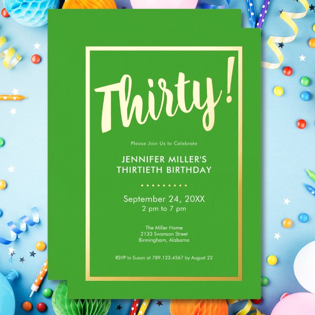 Invitación Con Relieve Metalizado Verde animado moderno y Relieve metalizado dorado  (Modern Lime Green & Gold Foil 30th Birthday Foil Invitation)