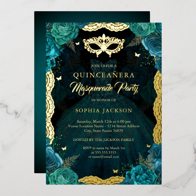 Invitación Con Relieve Metalizado Verde azulada Mascarada de Oro Fiesta Rosa Vestido (Anverso/Reverso)