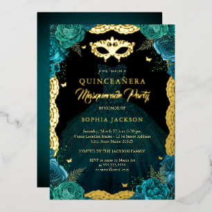 Invitación Con Relieve Metalizado Verde azulada mascarada de oro vestido Fiesta Quin