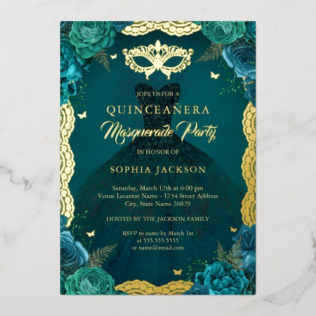 Invitación Con Relieve Metalizado Verde azulada mascarada Fiesta Vestido floral Quin (Anverso)