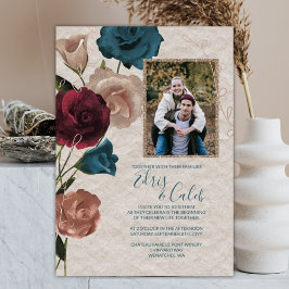 Invitación Con Relieve Metalizado Verde azulado, Borgoña, Rosa Boda de Rosas de oro