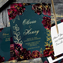 Invitación Con Relieve Metalizado Verde azulado burdeos jewel tones apellidos Boda G