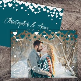 Invitación Con Relieve Metalizado Verde azulado, Corazones de Plata, Boda de Inviern
