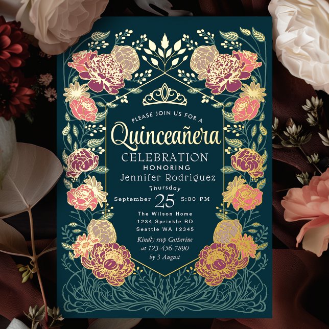 Invitación Con Relieve Metalizado Verde azulado Encantado Jardín Floral Quinceanera (Subido por el creador)