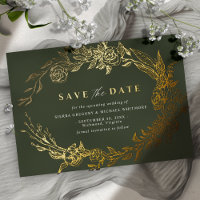 Verde bosque y dorado | Save the Date floral musgo