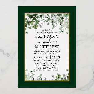 Invitación Con Relieve Metalizado Verde botánico de boda Hiedra Salvia Helechos Oro