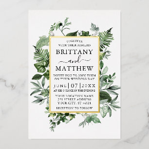 Invitación Con Relieve Metalizado Verde de acuarela hiedra helechos salvia boda oro