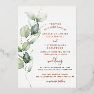 Invitación Con Relieve Metalizado Verde de eucalipto para boda en rosa oro