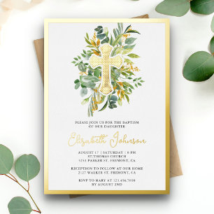 Invitación Con Relieve Metalizado Verde de Eucalipto Rústico Bautizo Dorado