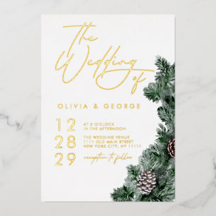 Invitación Con Relieve Metalizado Verde de Invierno Piña Navidad Boda