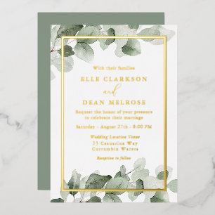 Invitación Con Relieve Metalizado Verde de verano hoja boda dorada oro