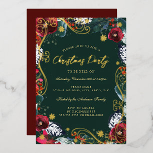 Invitación Con Relieve Metalizado Verde Dorado Floral Remolino Fiesta de Navidad 