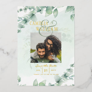 Invitación Con Relieve Metalizado Verde Dorado Hoja de Eucalipto FOTO CÓDIGO QR Guar