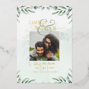 Invitación Con Relieve Metalizado Verde Dorado Hoja de Foto CODIGO QR Boda Guardar F