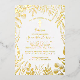 Invitación Con Relieve Metalizado Verde Elegancia botánica género Bautismo neutral