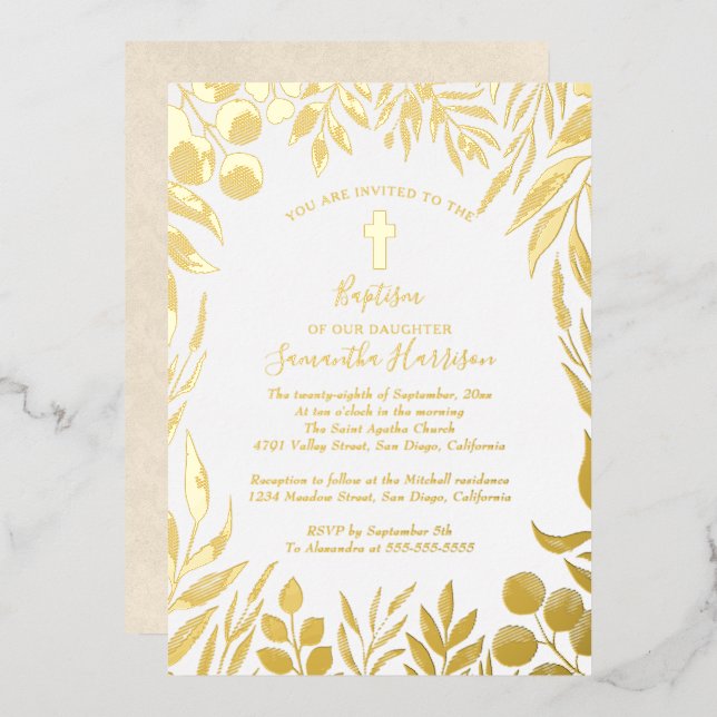 Invitación Con Relieve Metalizado Verde Elegancia botánica género Bautismo neutral (Anverso/Reverso)