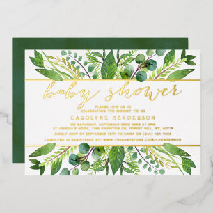 Invitación Con Relieve Metalizado Verde elegante y oro foil Neutro Cumpleaños de beb