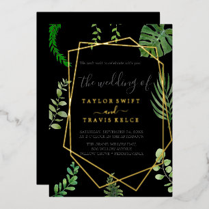 Invitación Con Relieve Metalizado Verde Esmeralda   Boda Casual Negra con Hoja de Or