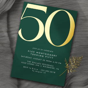 Invitación Con Relieve Metalizado Verde Esmeralda + Dorado   Cumpleaños 50 Moderno y