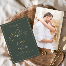 Invitación Con Relieve Metalizado Verde Esmeralda Oro Foto Imagen Boda Moderno
