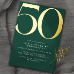 Invitación Con Relieve Metalizado Verde Esmeralda   Oro | Guay Moderno 50 cumpleaños<br><div class="desc">Invitaciones modernas de 50 años con un gran título "50" en Relieve metalizado metálico real. Los detalles del evento se imprimen a continuación en una letra blanca mate. Relieve metalizado dorado sobre un fondo verde esmeralda.</div>