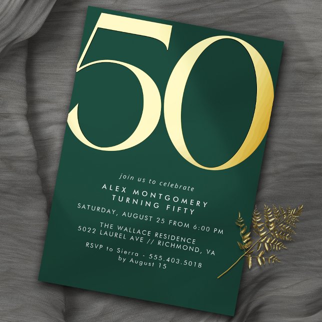 Invitación Con Relieve Metalizado Verde Esmeralda + Oro | Guay Moderno 50 cumpleaños (Subido por el creador)