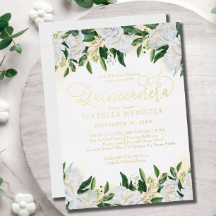 Invitación Con Relieve Metalizado Verde Esmeralda Quinceañera Misa Blanco Oro