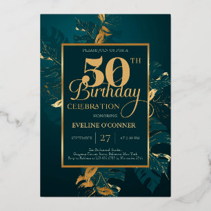 Invitación Con Relieve Metalizado Verde esmeralda y auténtico foil de oro para cumpl