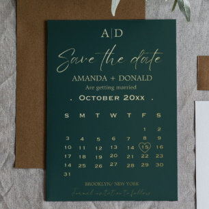Invitación Con Relieve Metalizado Verde esmeralda y calendario de oro, guarde la fec