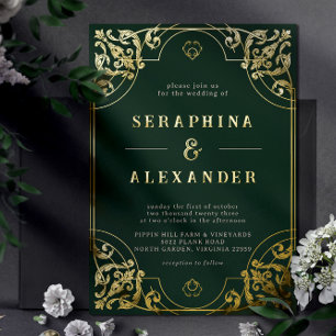 Invitación Con Relieve Metalizado Verde Esmeralda y Dorado Boda Vintage Elegante