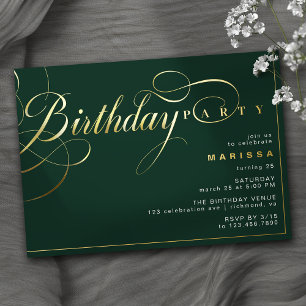 Invitación Con Relieve Metalizado Verde Esmeralda y Dorado Cumpleaños con Letra El
