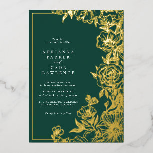 Invitación Con Relieve Metalizado Verde Esmeralda y Floral Dorado   Boda de Jardín
